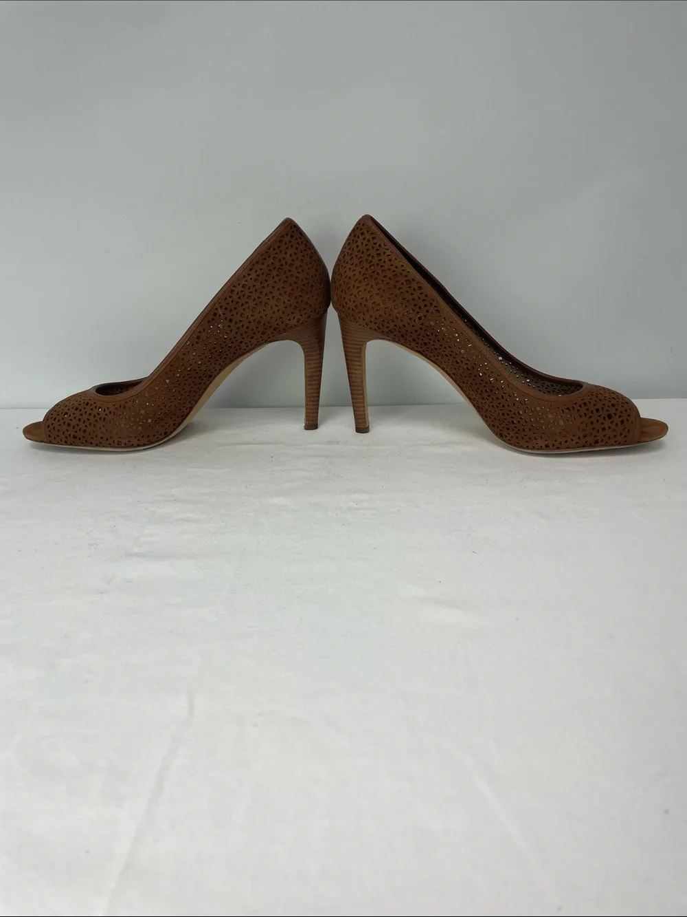 Tory Burch Tan Laser-Cut Peep-Toe Pumps, Size 8.5